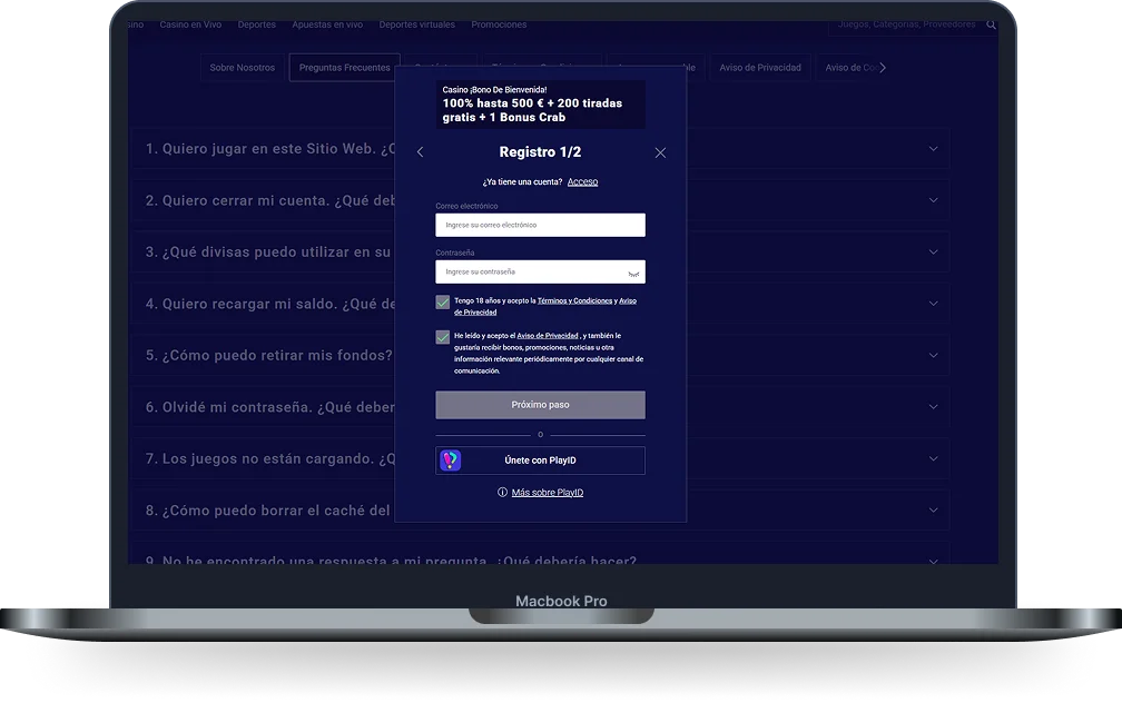 Frumzi Casino formulario de registro con bono de bienvenida y acceso mediante PlayID